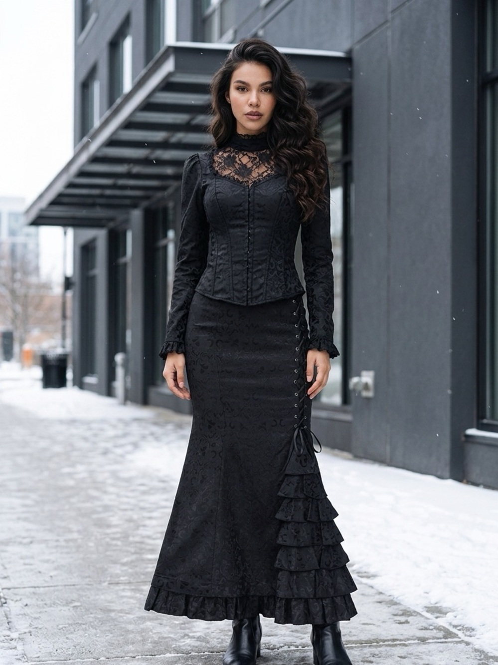 Elegant Black Lace Tiered Mermaid Maxi Skirt